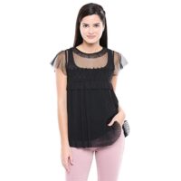 Kimiku Womens Round Neck Solid Lace Yoke Top