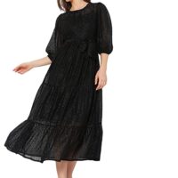 Kimiku Women's Polyester A-Line Midi Dress (10287073- Black_XS)