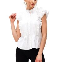 Zeps Clothing | Women's Embroidery Ruffle Pintuck Pleat Cotton Poplin Blouse | White
