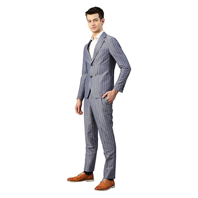 Brown Navy Blue Wool Blend Slim Fit Suit Set - Image 2