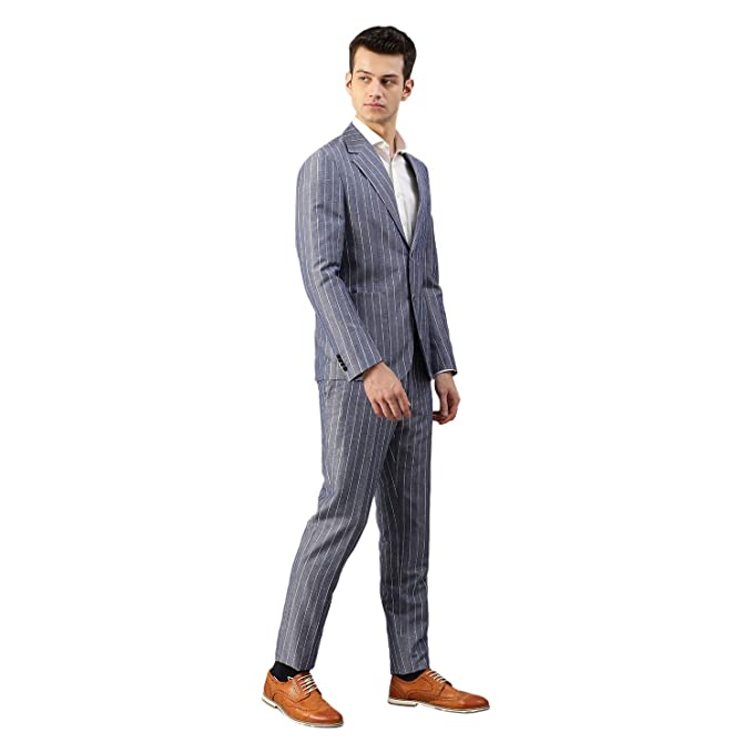 Brown Navy Blue Wool Blend Slim Fit Suit Set - Image 3