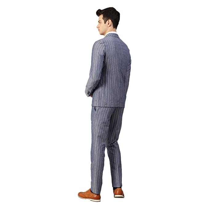 Brown Navy Blue Wool Blend Slim Fit Suit Set - Image 4