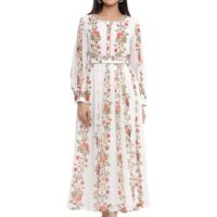 Arohiya Offwhite Chiffon Printed Flared Dress with Waist Tie-up