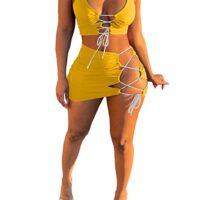Yeshire Women's Sexy Two Piece Outfit Clubwear Crop Top + Lace Up Skirt Club Party Bandage Dress
