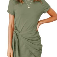 MEROKEETY Women's Short Sleeve Crew Neck T Shirt Dress Tie Waist Ruched Bodycon Mini Dress
