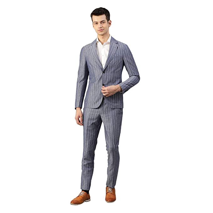 Brown Navy Blue Wool Blend Slim Fit Suit Set