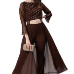Jana Women's Brown Georgette Ethnic Motifs Top with Pant