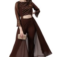 Jana Women's Brown Georgette Ethnic Motifs Top with Pant