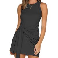 LIYOHON Women's Summer Casual Beach Dress Sleeveless Ruched Tie Tank Bodycon Wrap Mini Dresses