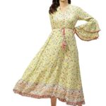 Arohiya Women's Rayon Floral Print Flared Dress with Tie-Up Dori & Mask