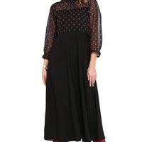 Jana Women's Black Poly Crepe Polka Print A-line Kurta