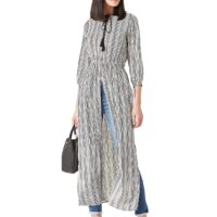 Miss Chase Women's Multicolored Round Neck 3/4th Sleeves Tie-Up Tassel Detailing Side and Front Slit Maxi Top